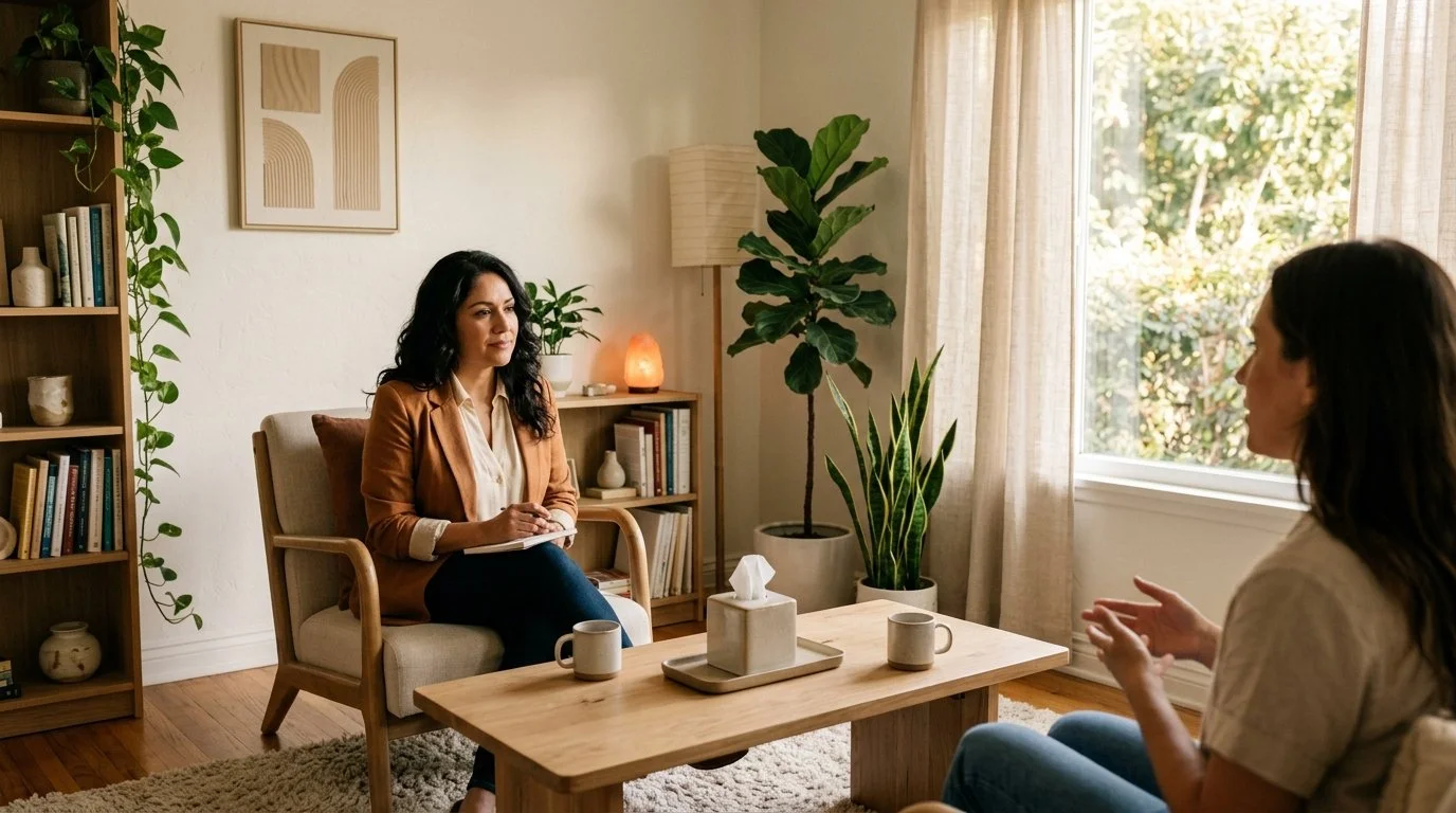 Biligual Latina therapist sitting across from a client in a warm, welcoming therapy office — therapy in Spanish at Zen & Health in Granada Hills, CA