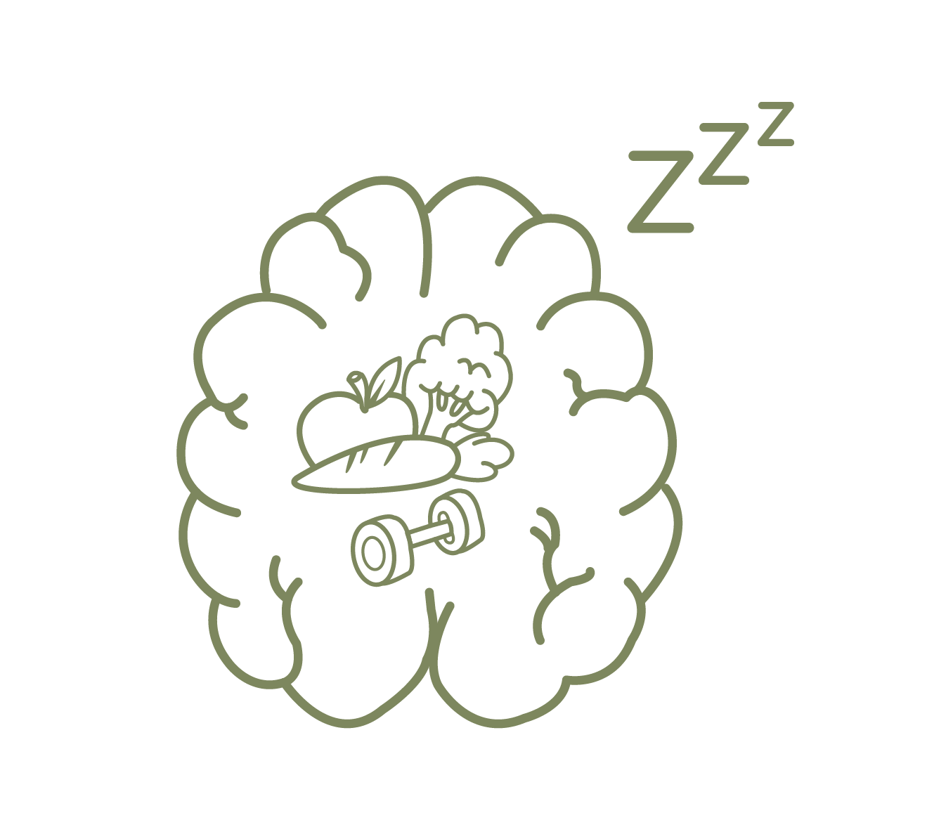 Drawing of a brain with an apple, carrot, brocoli, and a weight inside.