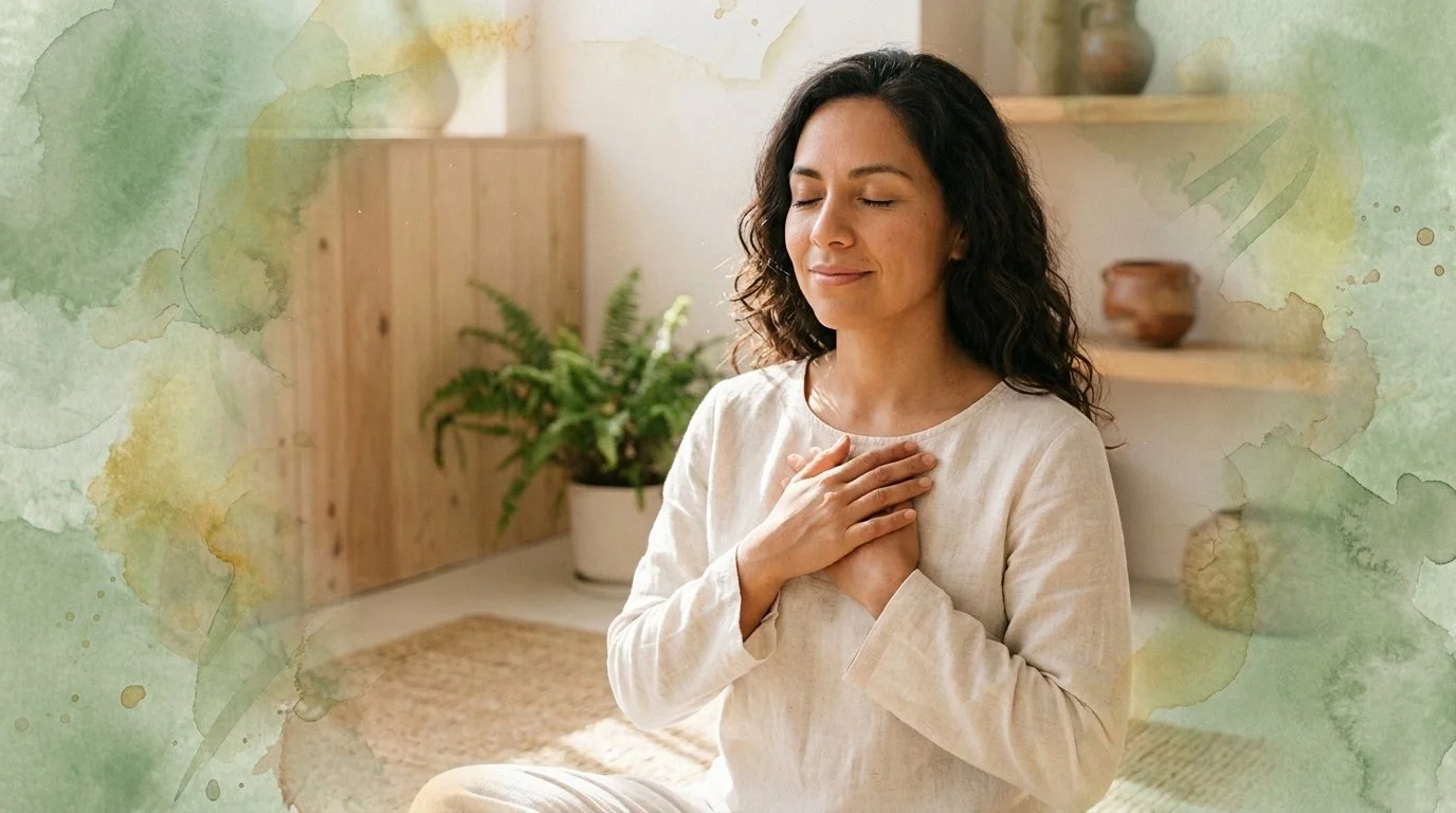 Woman with hands over heart looking peaceful and hopeful — representing healing through therapy in Spanish at Zen & Health
