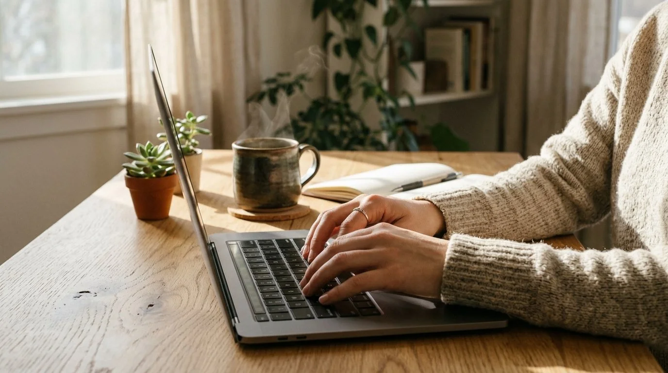 Woman researching therapy in Spanish on her laptop at home, looking for a bilingual Spanish-speaking therapist