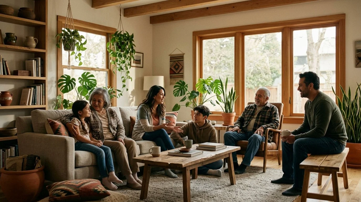 Diverse Latino family sitting together, representing the importance of culturally affirming mental health support and therapy in Spanish
