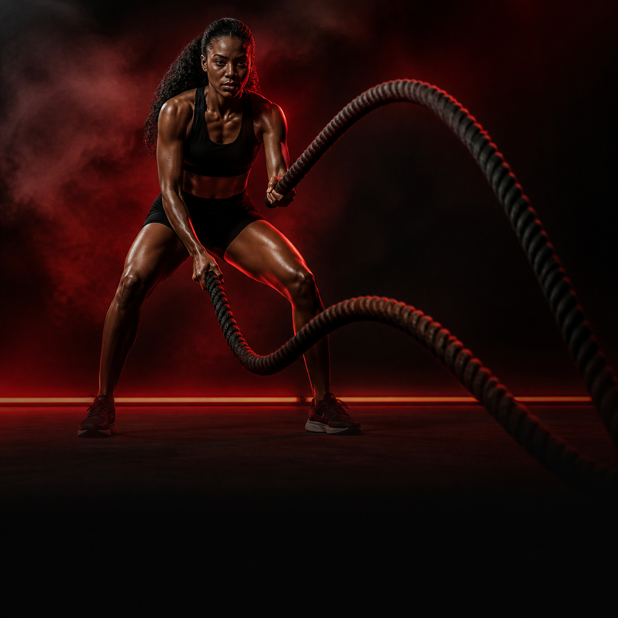 A fit woman in black athletic wear engaging in battle rope workout in a dark gym with red lighting and fog.