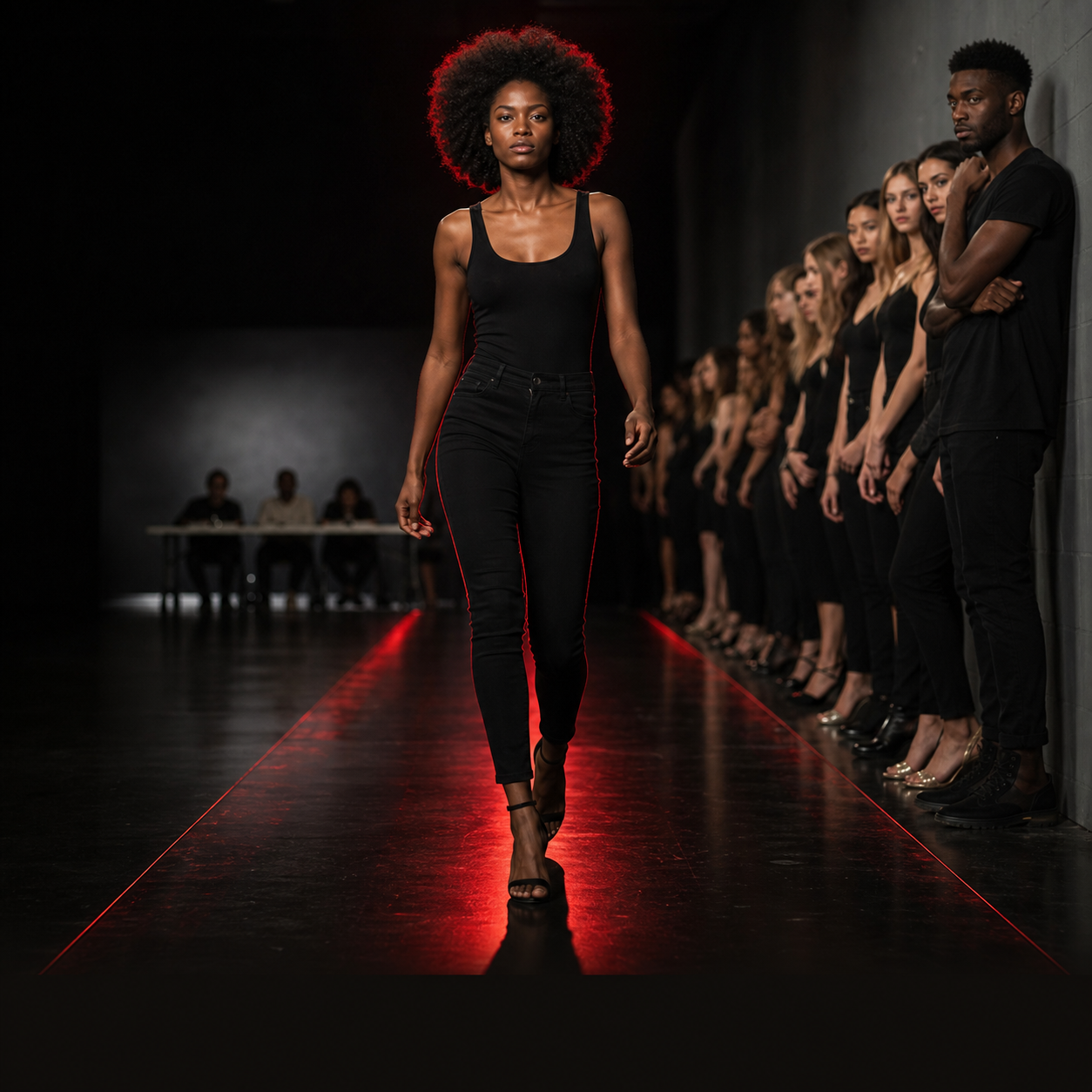 A woman with curly hair walks down a runway during a fashion show, wearing black clothing and high heels, with an audience seated along the sides watching.