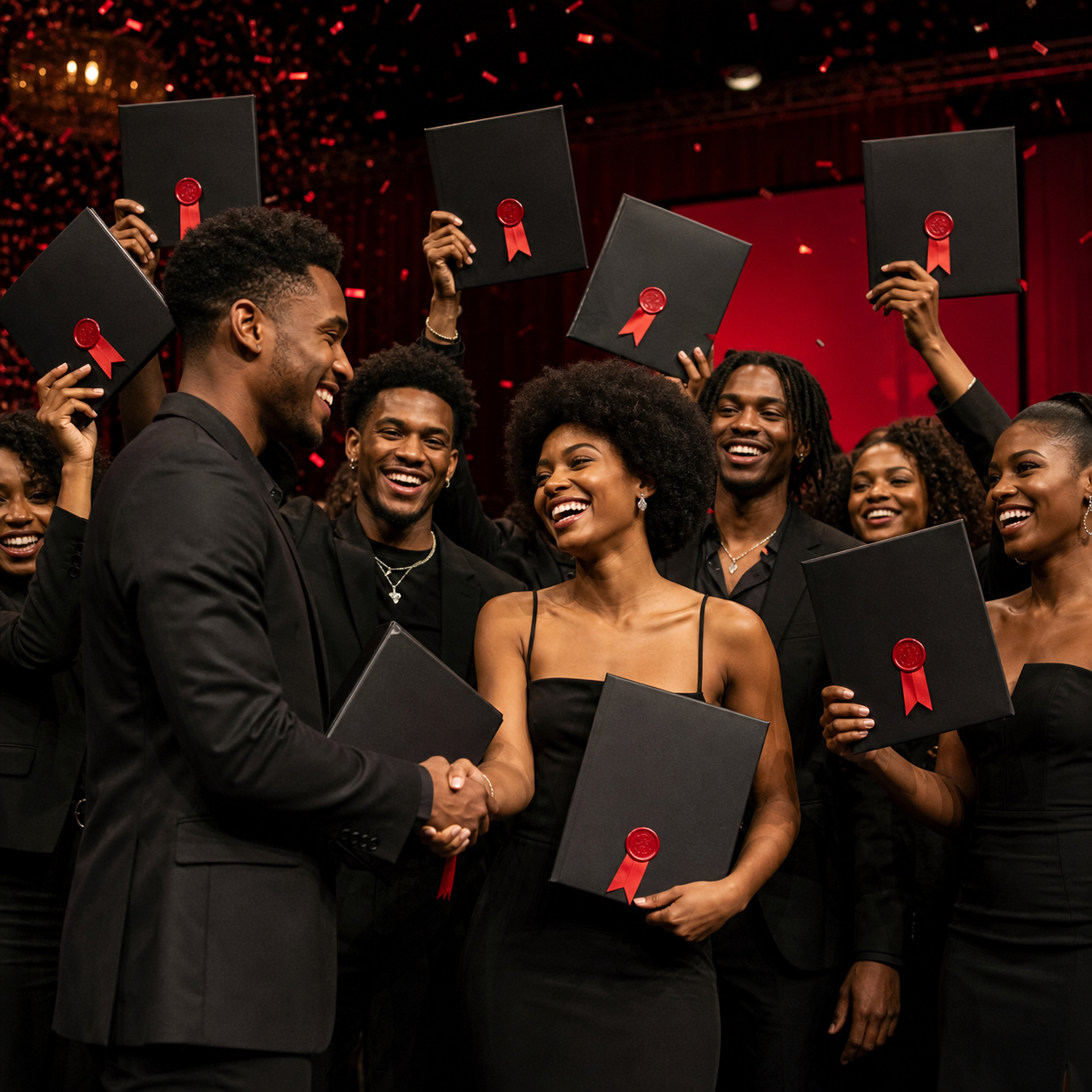 A group of graduates in black attire celebrating, holding diplomas with red seals, and shaking hands at their graduation ceremony.