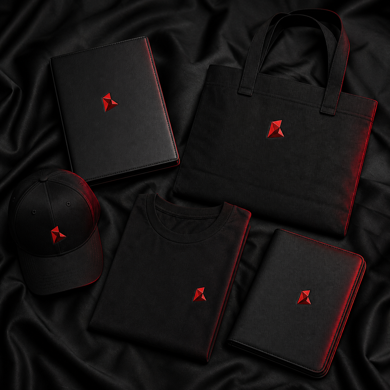 Black merchandise items with red logo, including a cap, laptop, tote bag, shirt, and notebook, arranged on black cloth background.