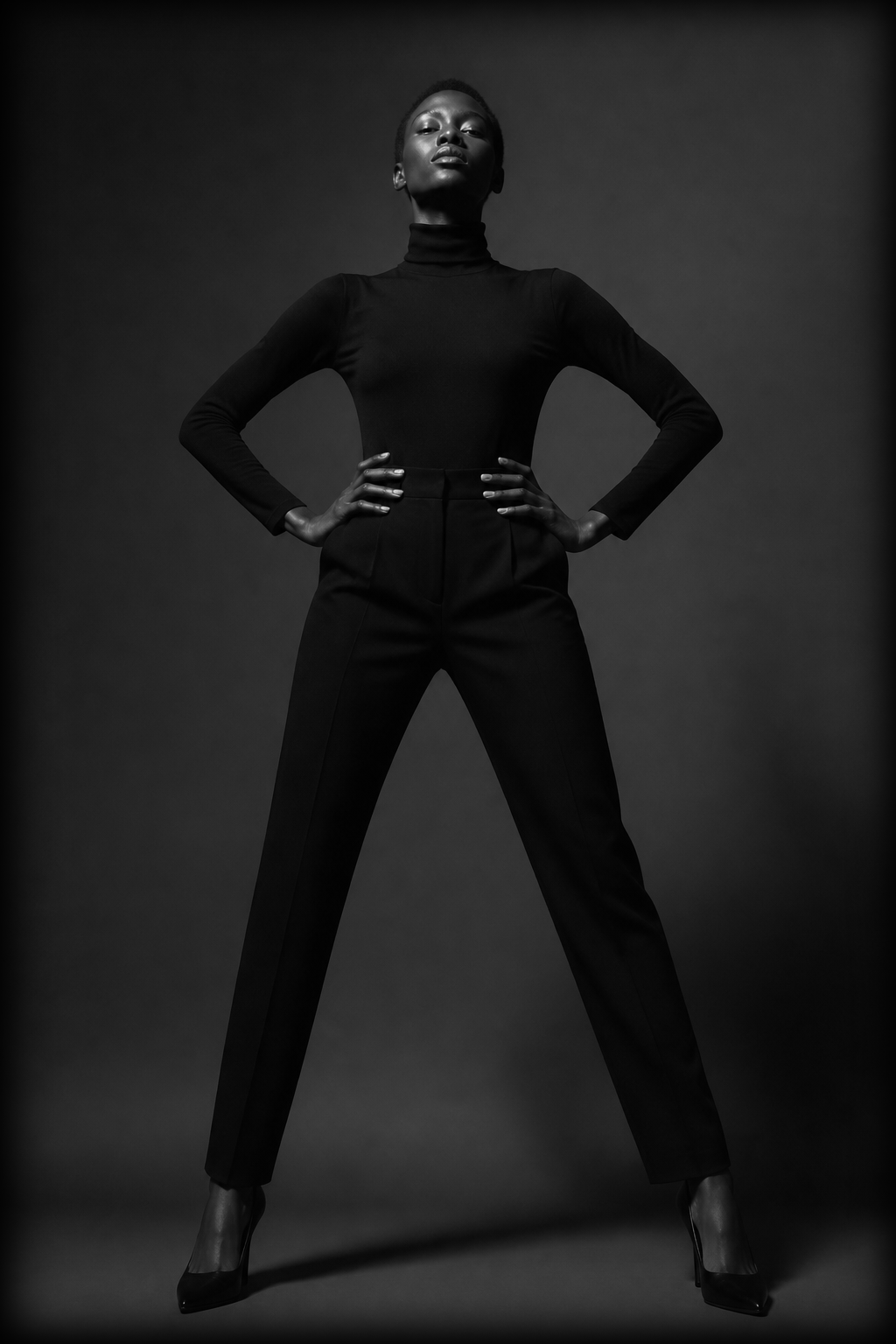 A confident woman in black turtleneck and high-waisted pants stands with hands on hips, looking upwards in a studio with a dark background.