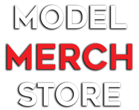 Black background with the words "MODEL MERCH STORE" in white and red text.