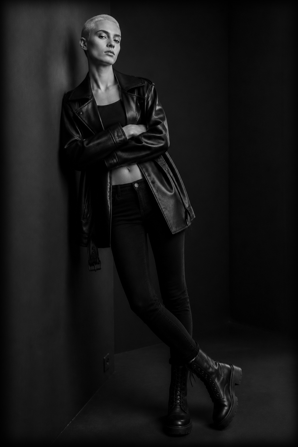 Black and white photo of a woman with short blonde hair wearing a leather jacket, black crop top, black pants, and combat boots, standing against a dark wall with arms crossed.