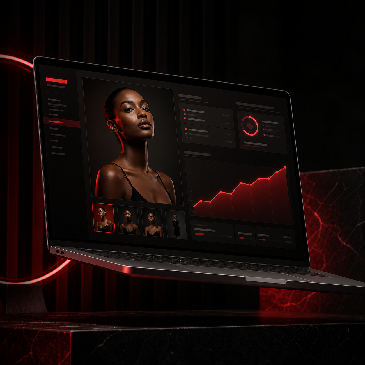 A sleek laptop displaying a digital dashboard with a portrait of a woman, bar graphs, line charts, and thumbnail images of the woman in different poses, all in a dark color theme with red accents.