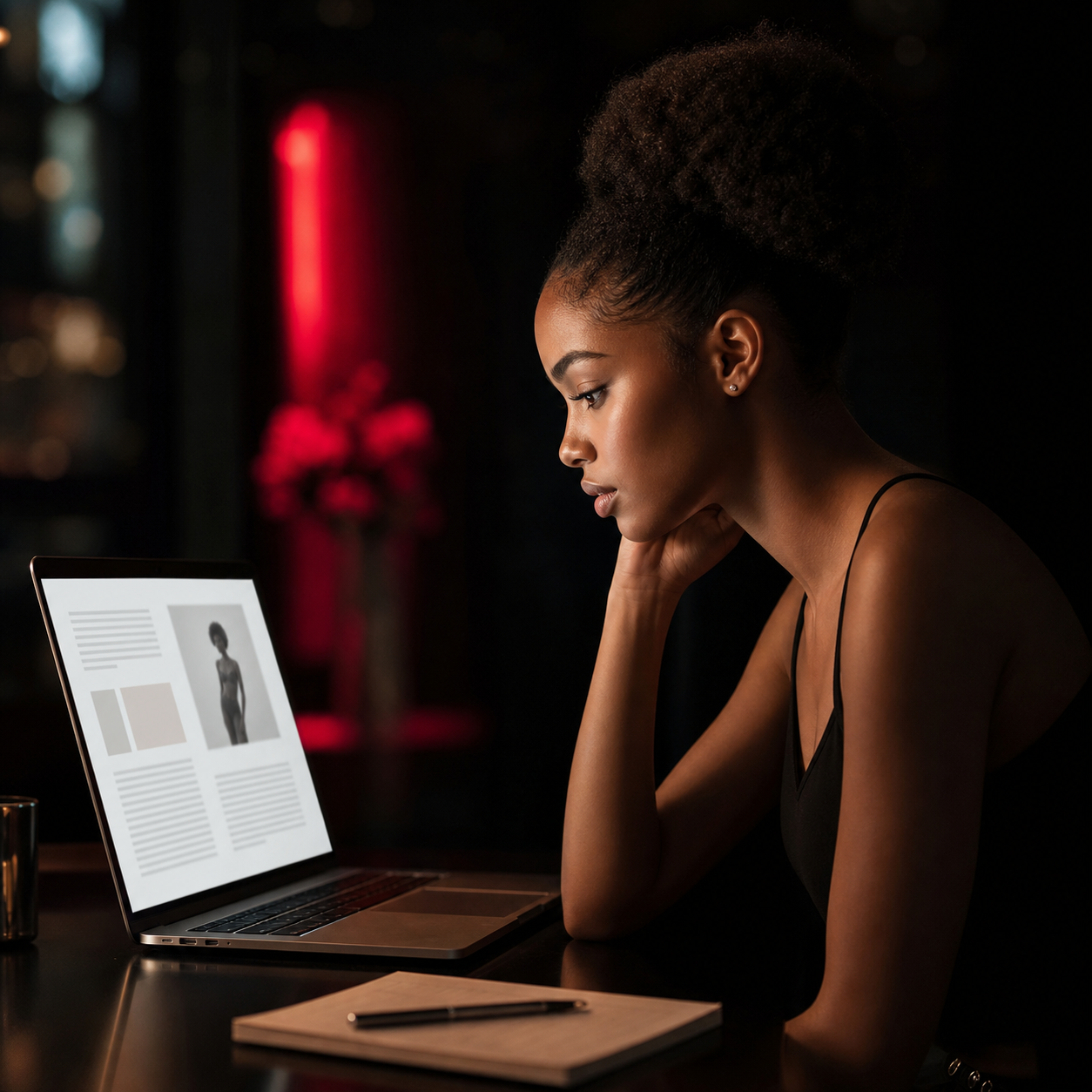 A woman with natural hair sits at a table looking at a laptop screen displaying a fashion magazine page. The background is dimly lit with a red glow and a vase with flowers.