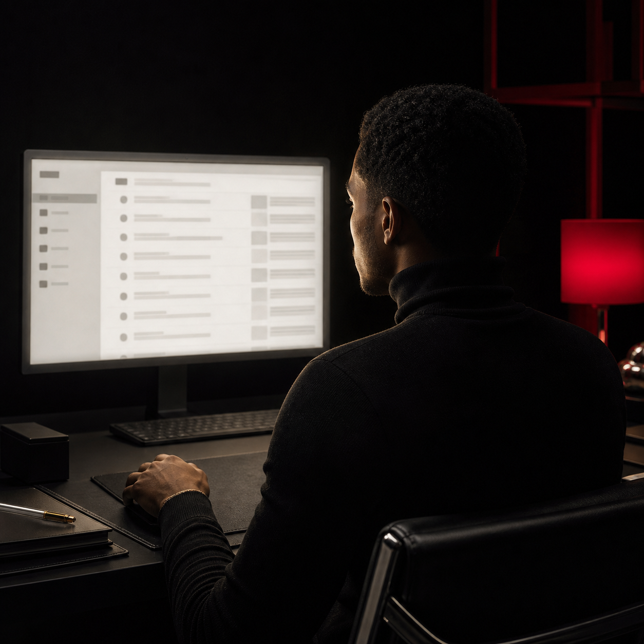 A man sitting at a desk in front of a computer monitor in a dark room, with a red lamp on the side, viewing a white-screened email inbox or messaging app.