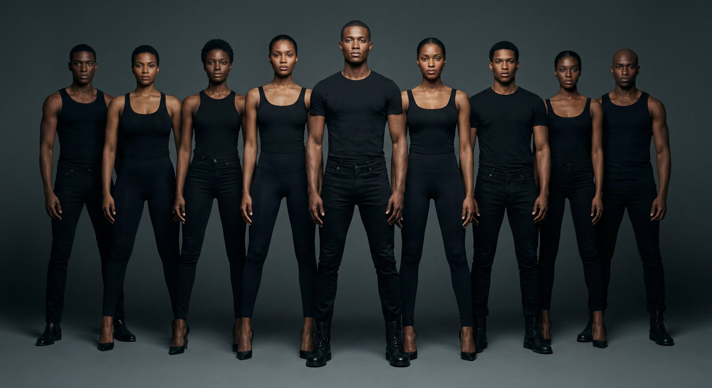 Group of nine black models dressed in black standing linearly against a gray background, looking directly at the camera.