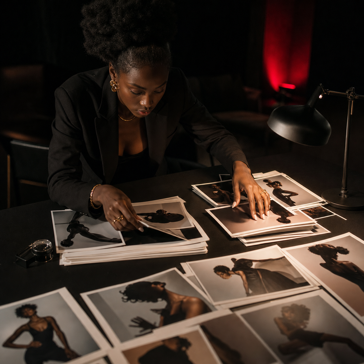 A woman with curly hair and gold jewelry reviews photographs of models in a dimly lit room with a black desk and a black lamp.