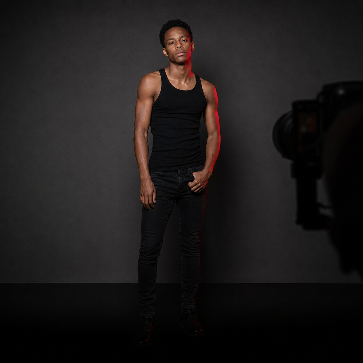 A young man in a black tank top and black jeans standing against a dark background, being photographed by a camera from the right side.
