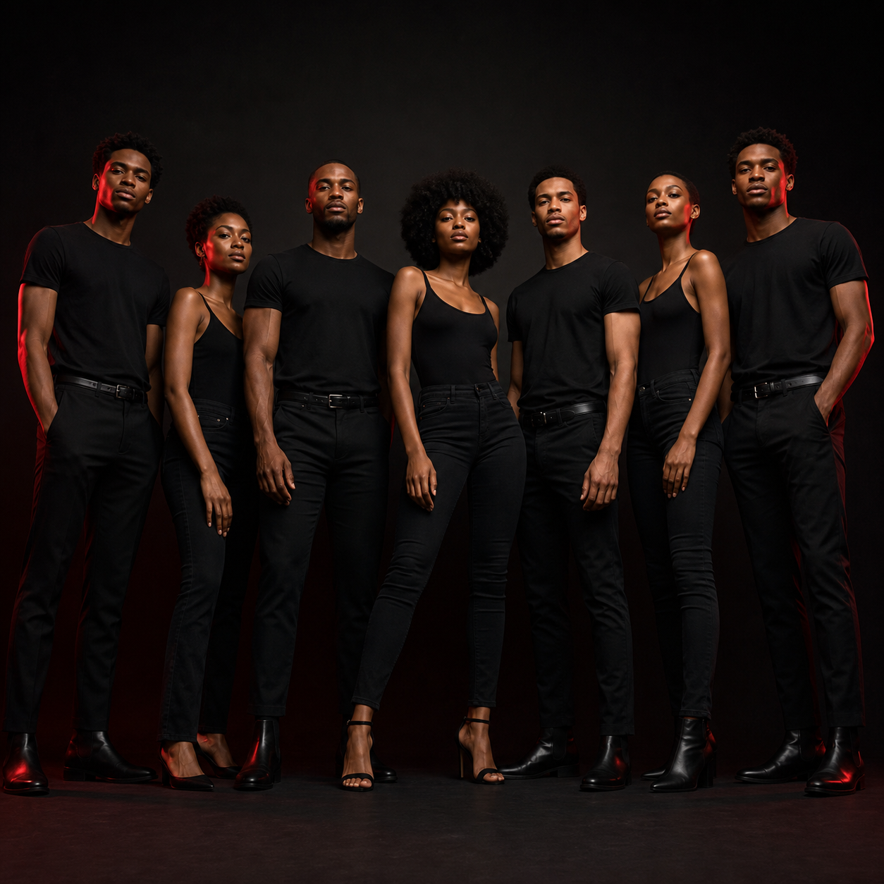 Group of seven young adults standing in a dark studio, dressed in black clothing, with serious expressions, posing confidently for a photoshoot