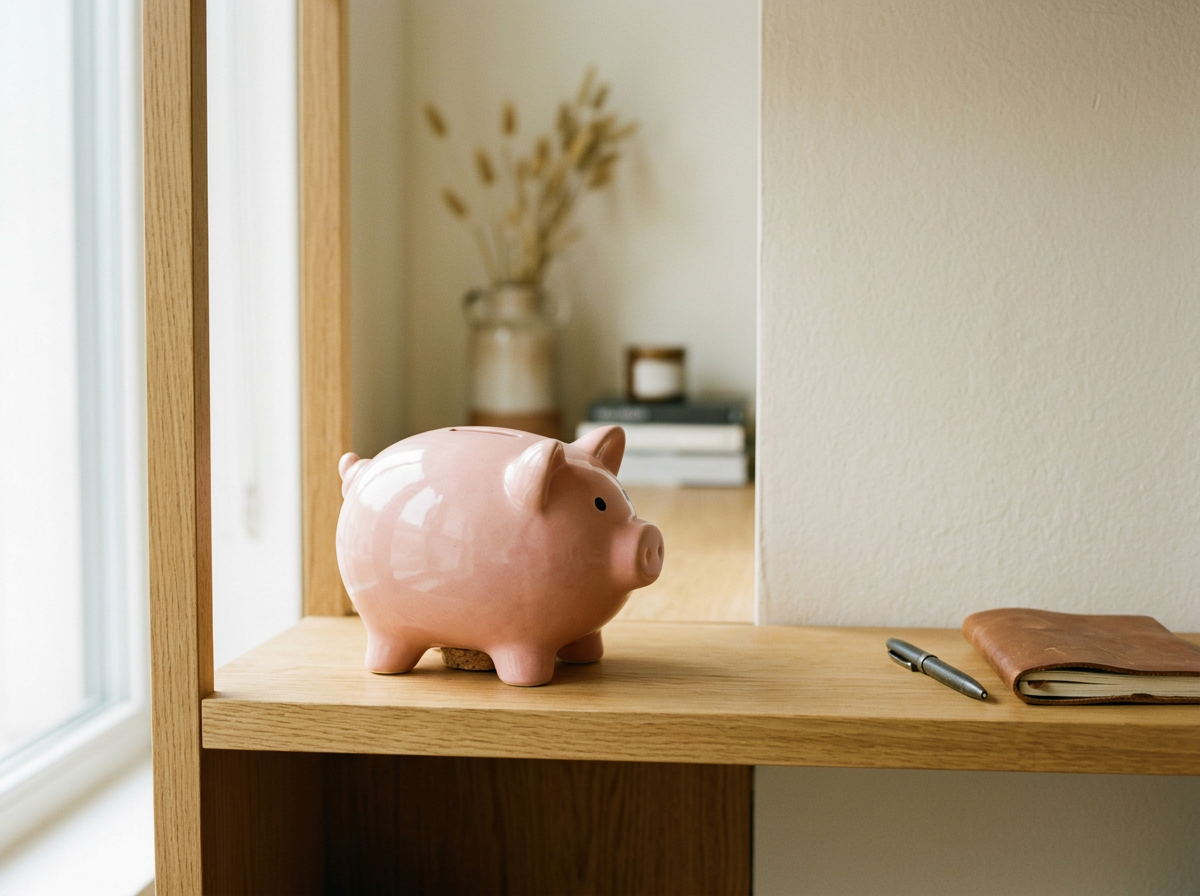 Pink ceramic piggy bank on a wooden shelf, with a pen, a leather notebook, and a mirror reflecting a vase with dried flowers.