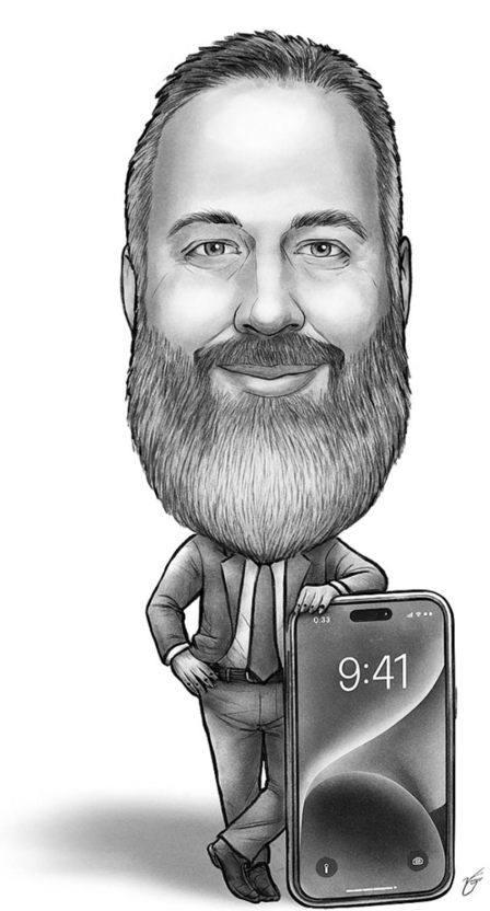 Craig Solomon, Solomon Community Advisors. Mobile Home Community Consulting. A caricature of a bearded man in a jacket, standing, with an iPhone.