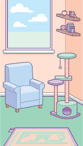 Boop: The Pocket Fidget artwork showing a cosy illustrated room with a cat tree and armchair.
