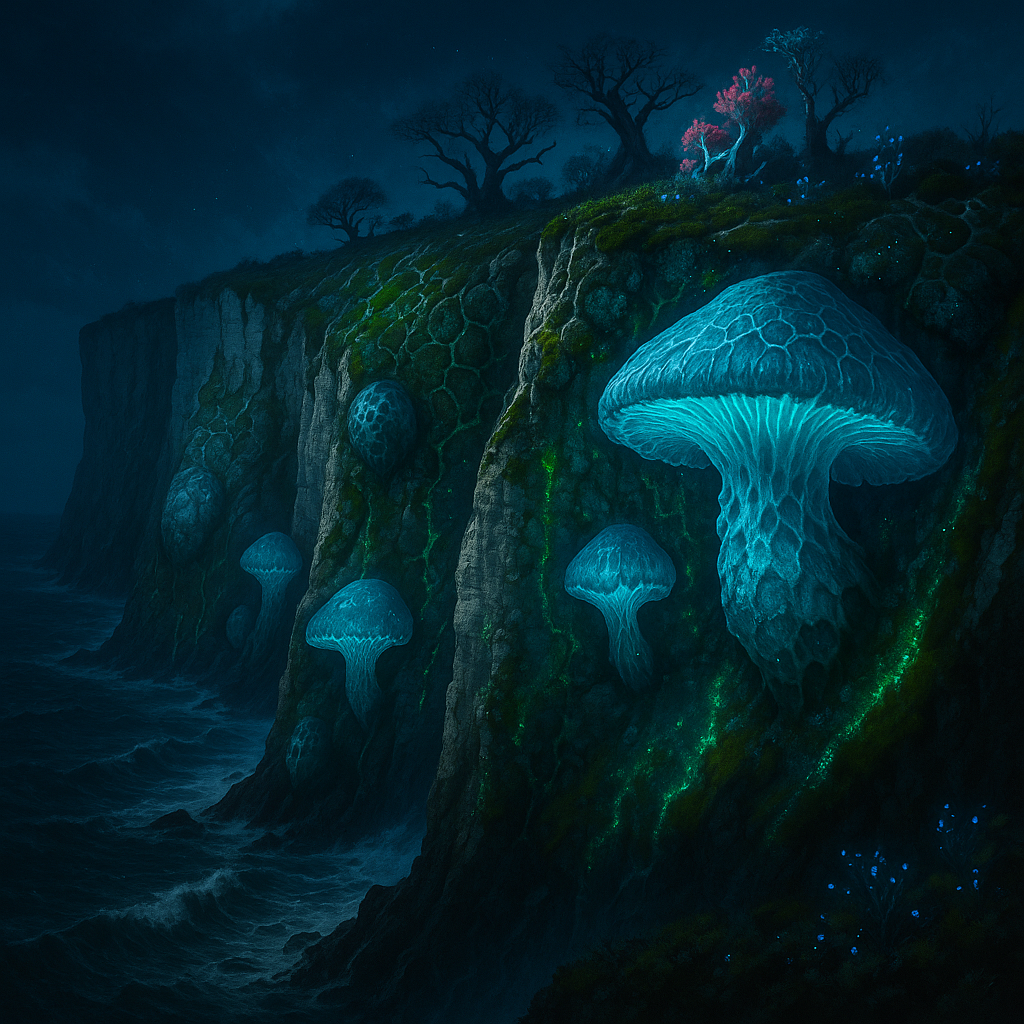TerrAdapt: The Return artwork showing bioluminescent fungi growing on a dark cliff.