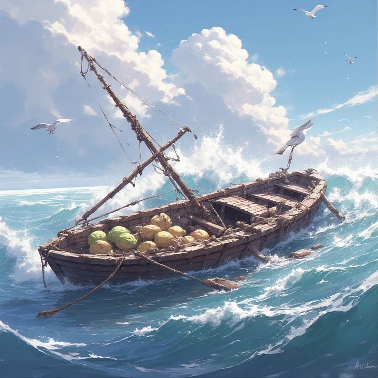 Adrift artwork showing a damaged wooden dinghy in rough seas.