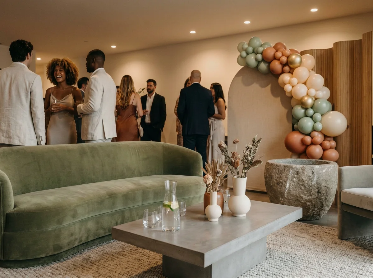 People socializing at an indoor event, with a balloon garland arch and minimalistic decor including vases with dried flowers and water with lemon on a table, and a green velvet sofa in the foreground.