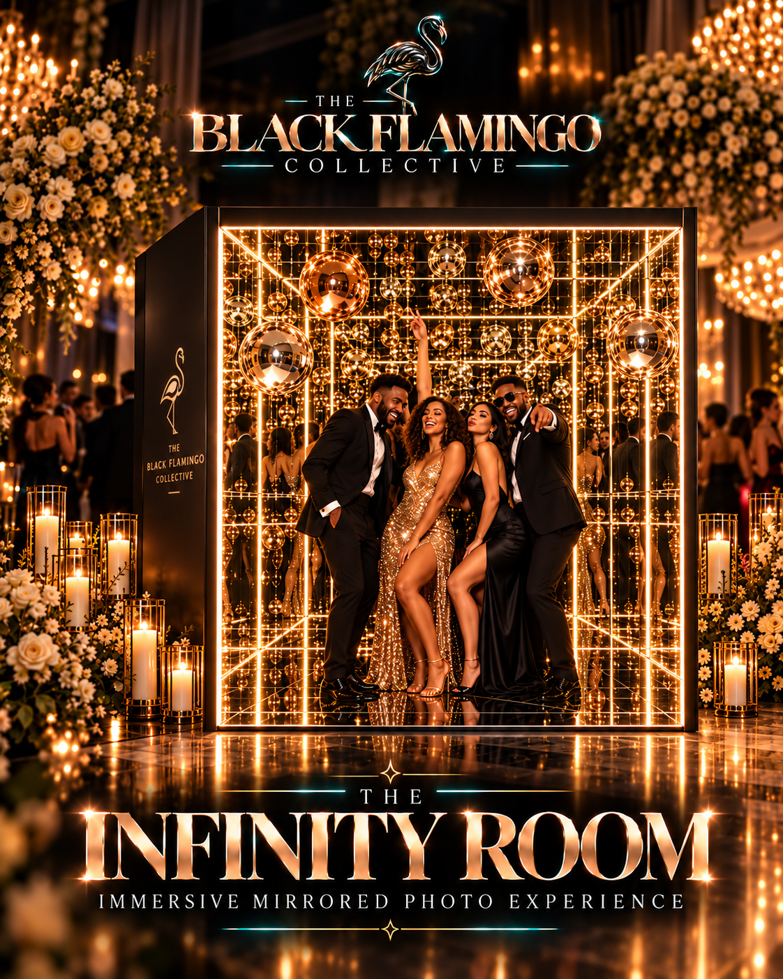 Guests celebrating in the Black Flamingo Infinity Room mirrored photo experience