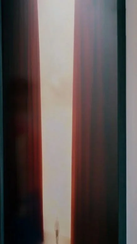 Two large vertical window curtains, one red and the other dark blue, with light coming through, partially revealing a person's silhouette.