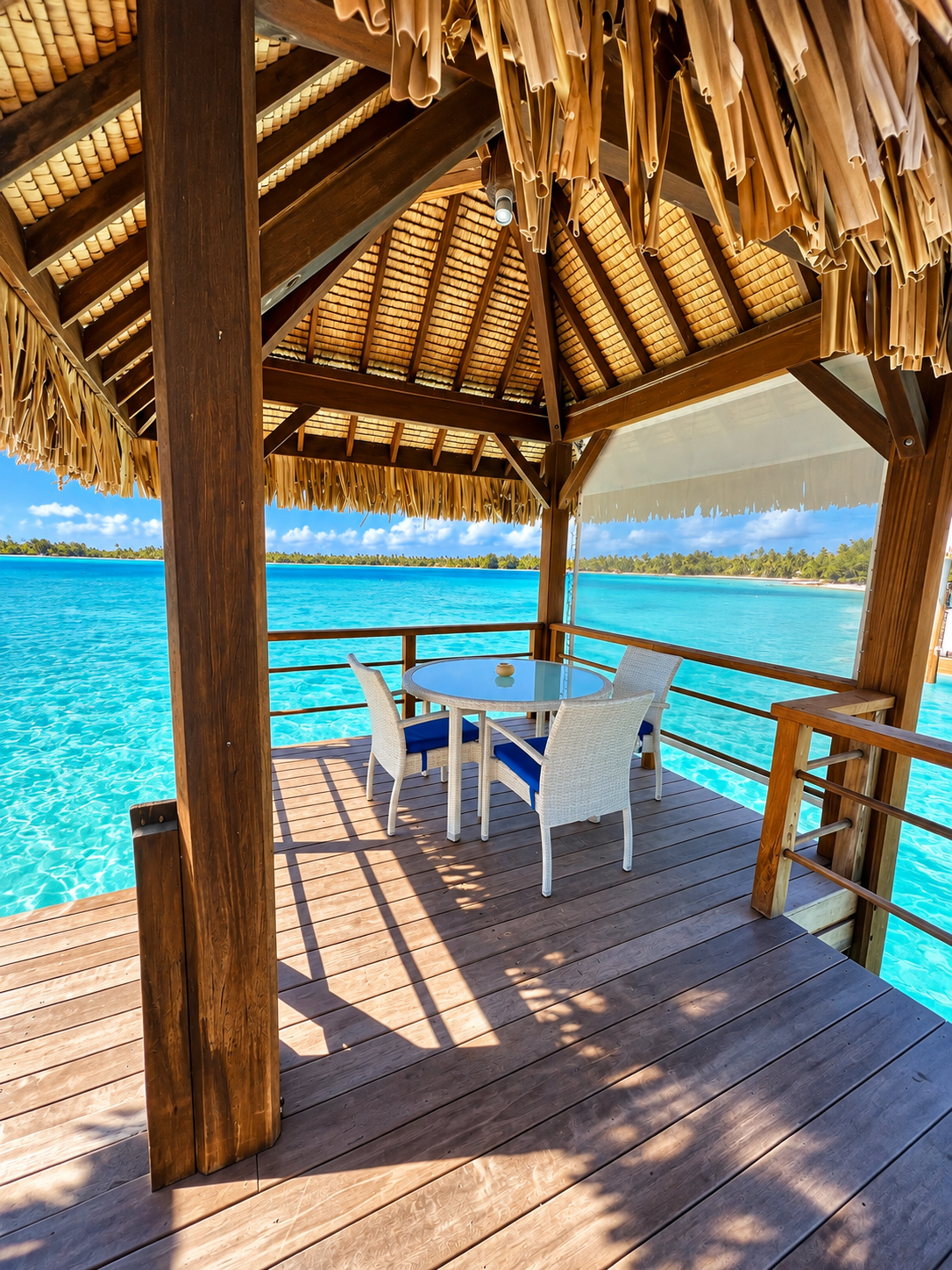 Shaded gazebo dining table over the lagoon
