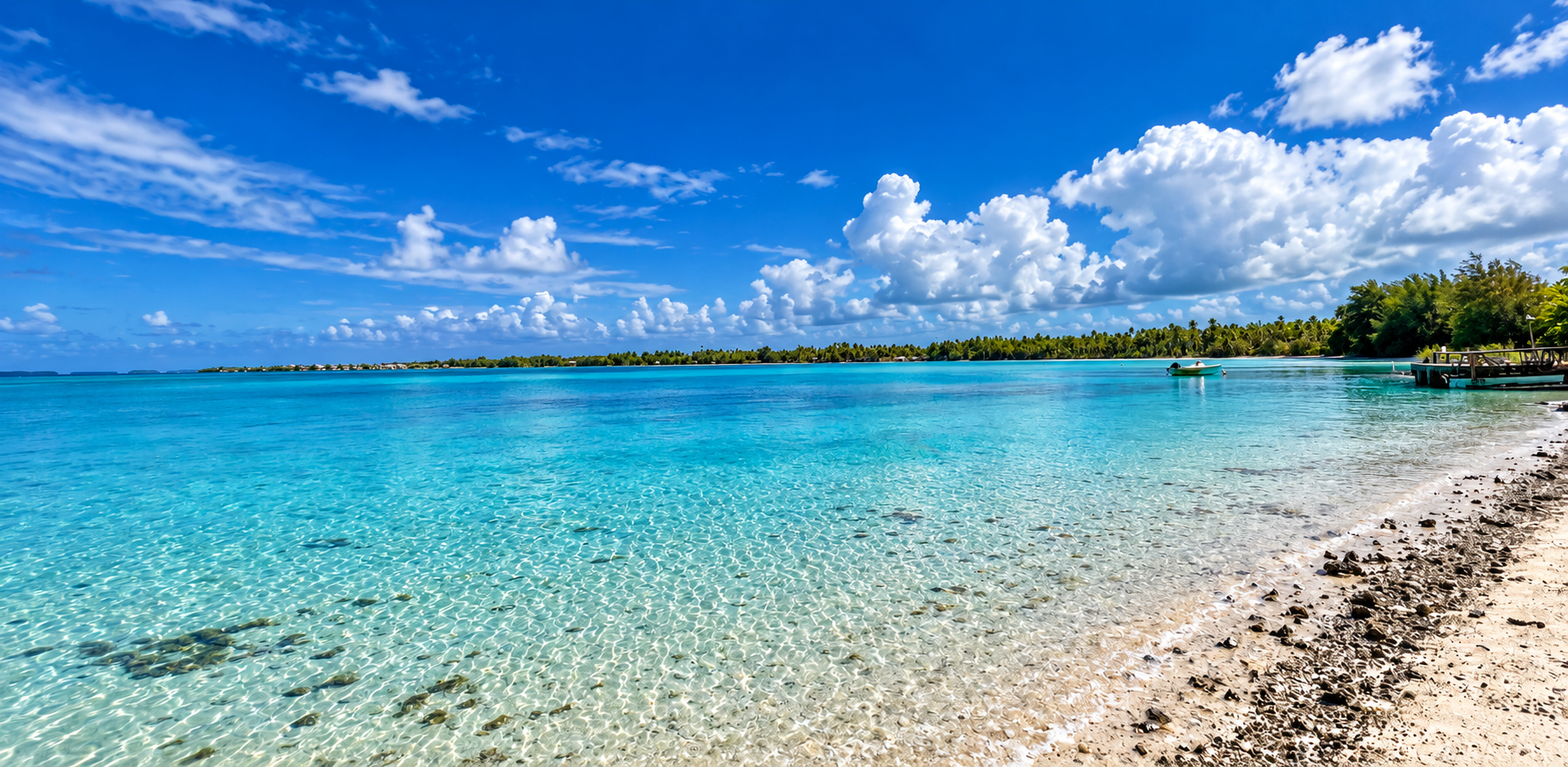 Clear turquoise lagoon and a palm-lined shore on Fakarava