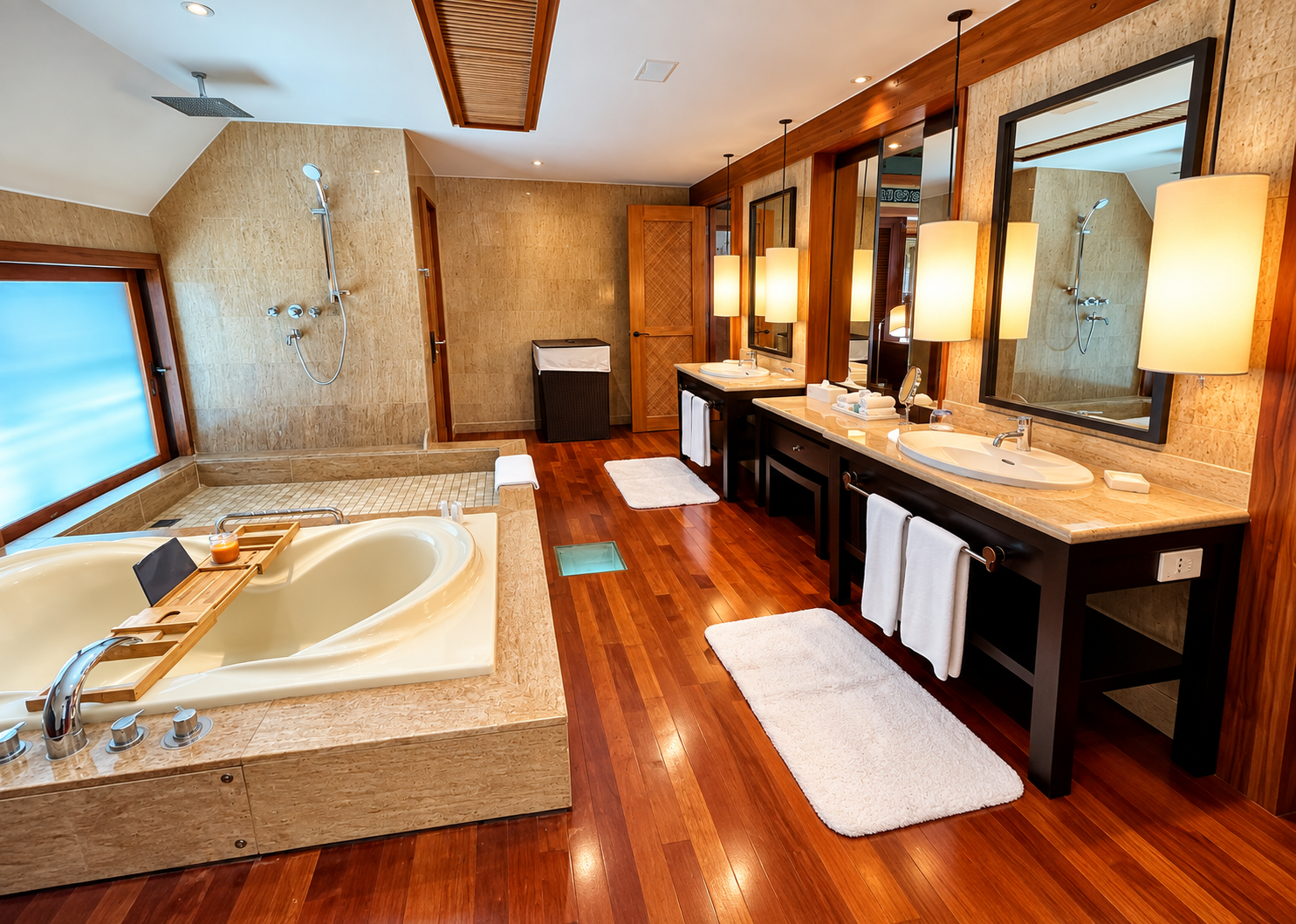 Soaking tub, rain shower and double vanity