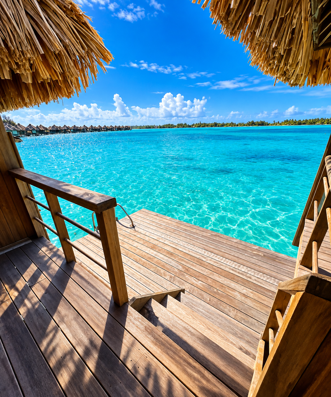 Wooden steps leading straight down into the turquoise lagoon