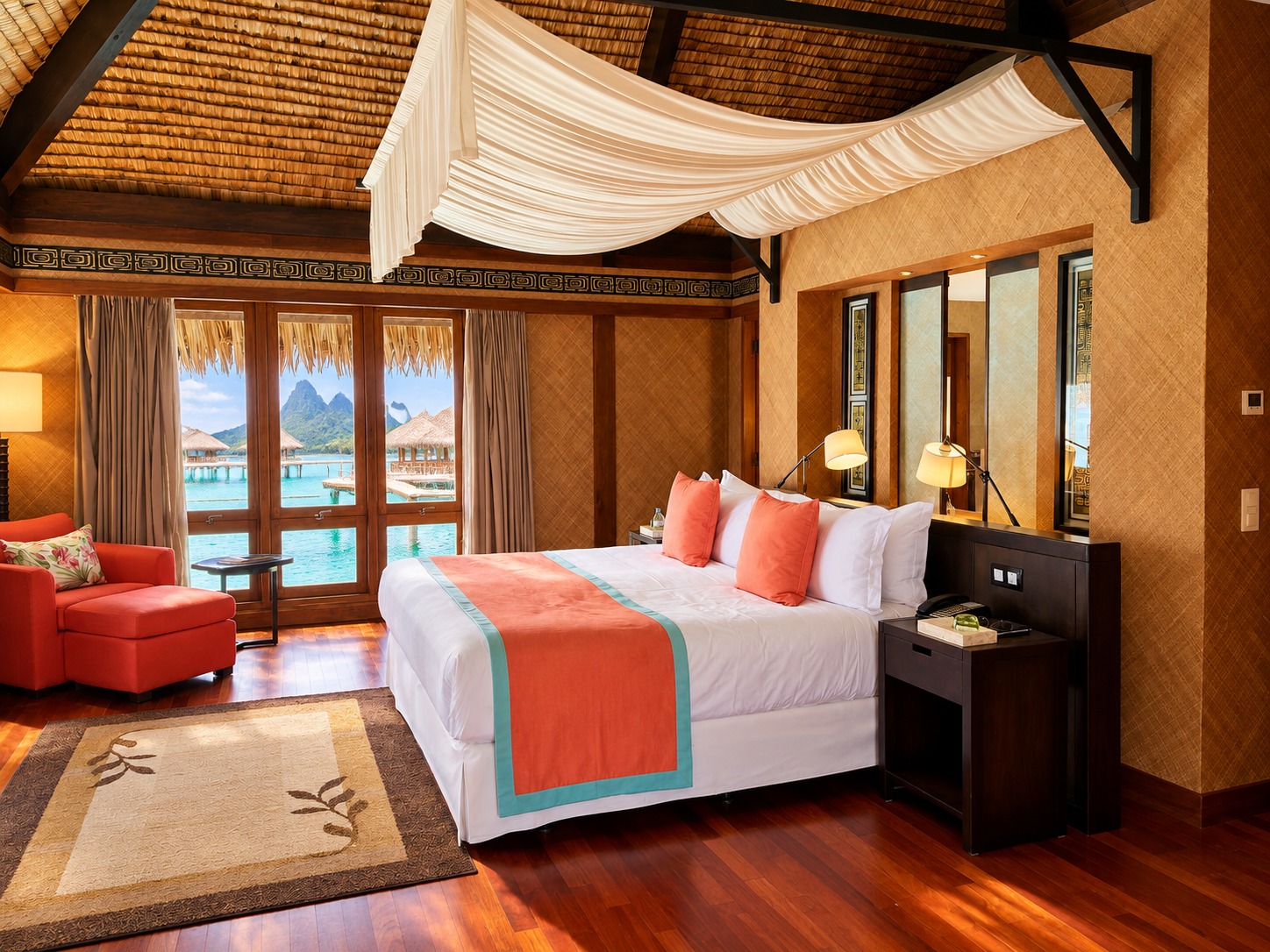 Canopy bed with coral accents