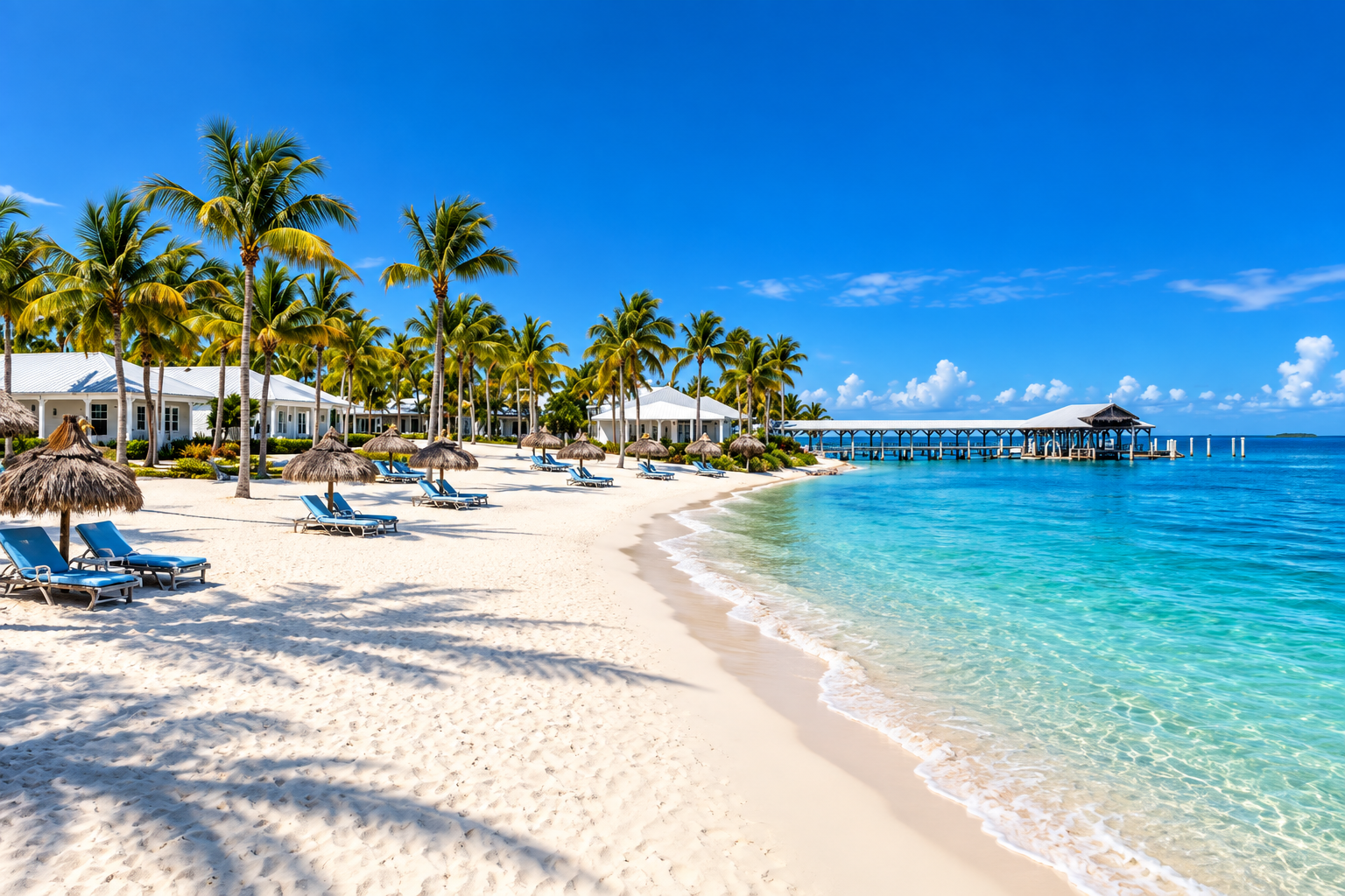 White-sand beach with palm trees and a dock at Sunset Key in Key West