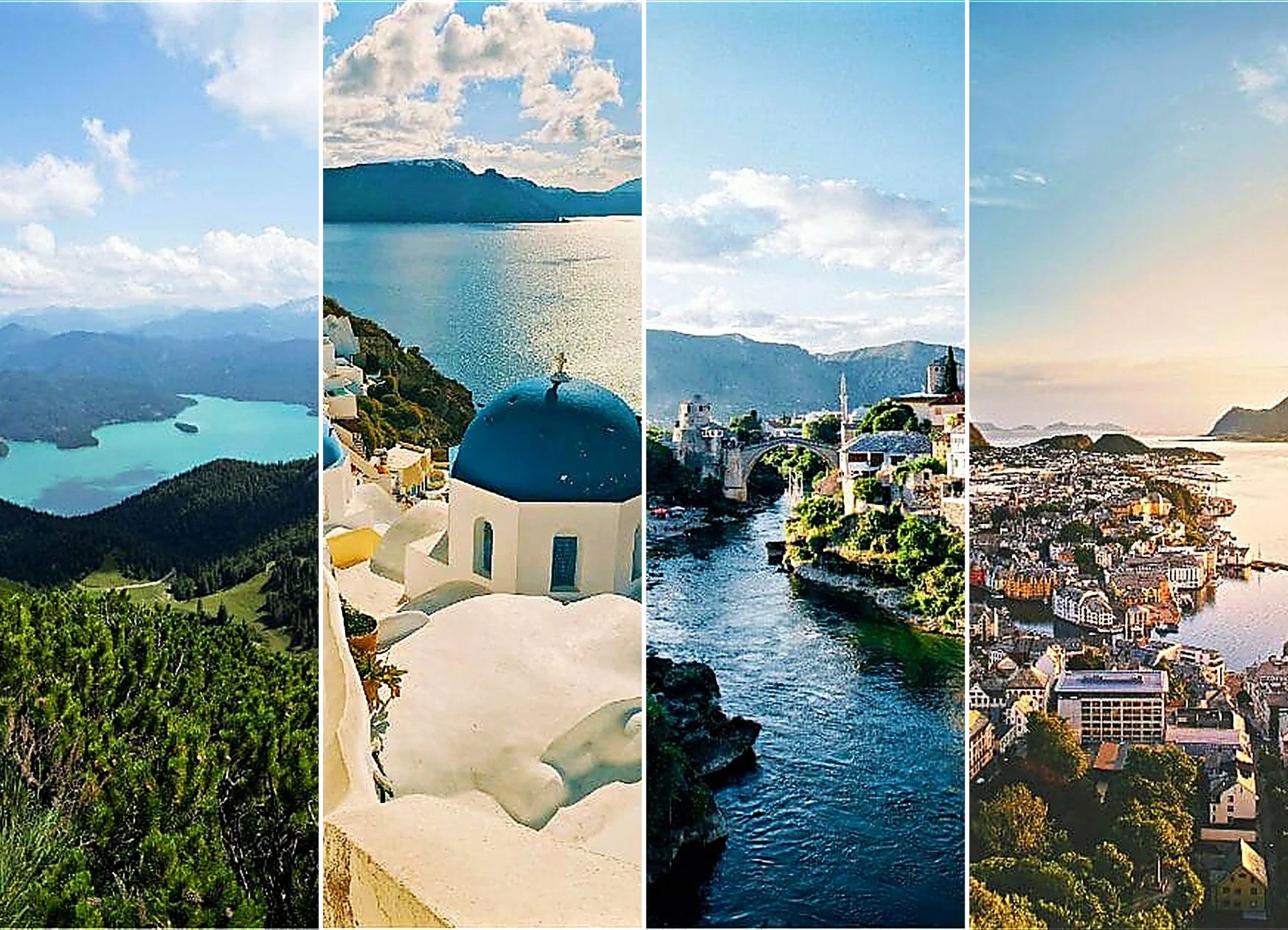 Collage of European scenes: an alpine lake, Santorini domes, Mostar bridge and a Norwegian harbor town