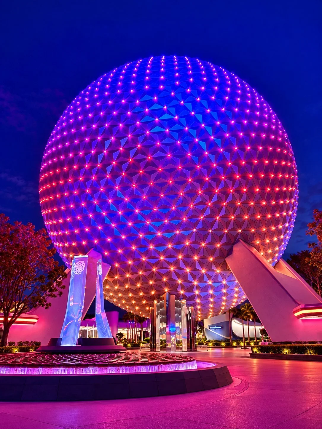 Spaceship Earth glowing at night at EPCOT, Walt Disney World