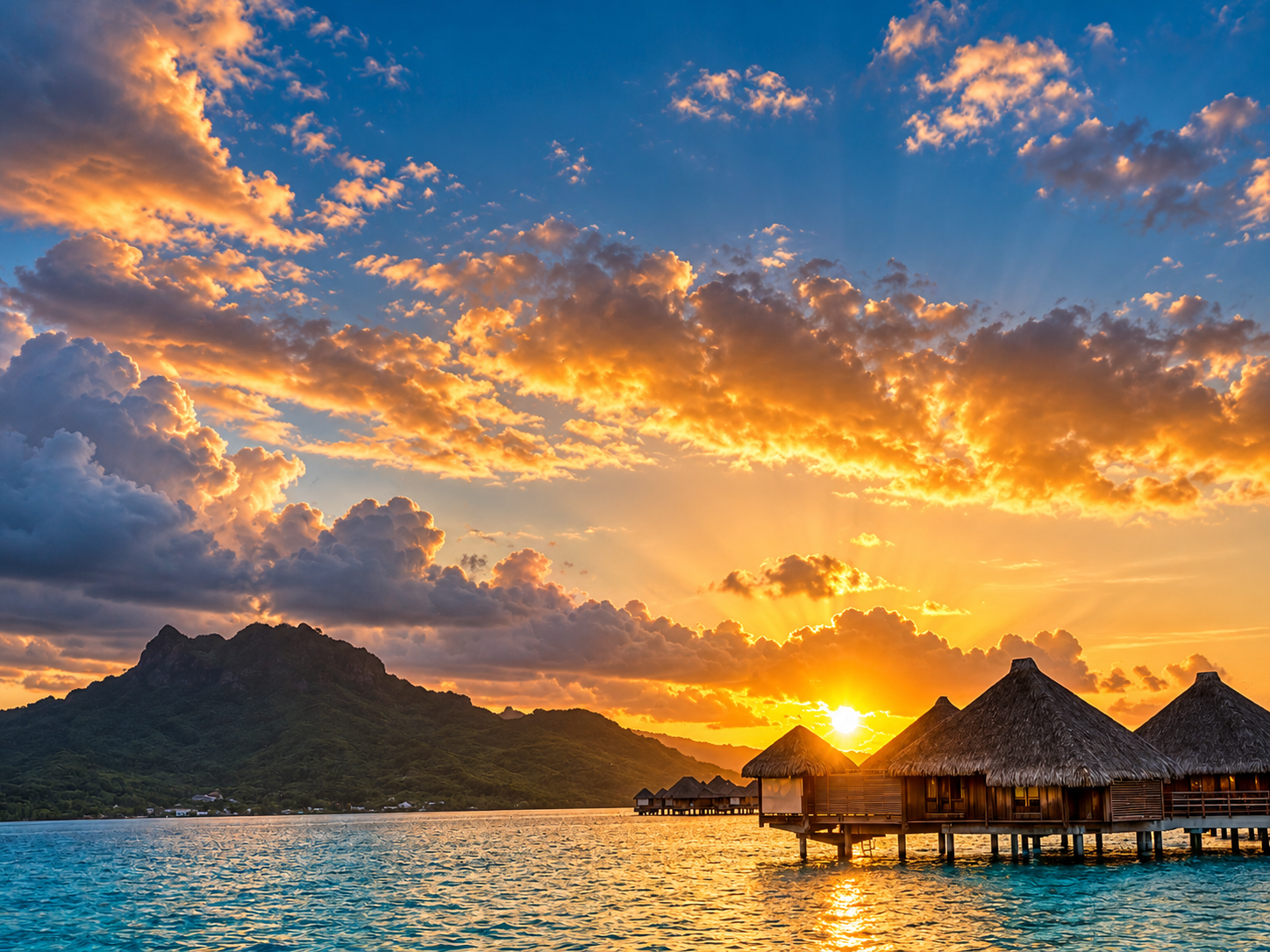 Sunset over Moorea's peaks, with overwater bungalows in silhouette