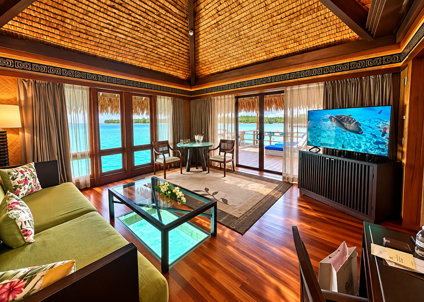 Living room with a glass-floor coffee table over the lagoon