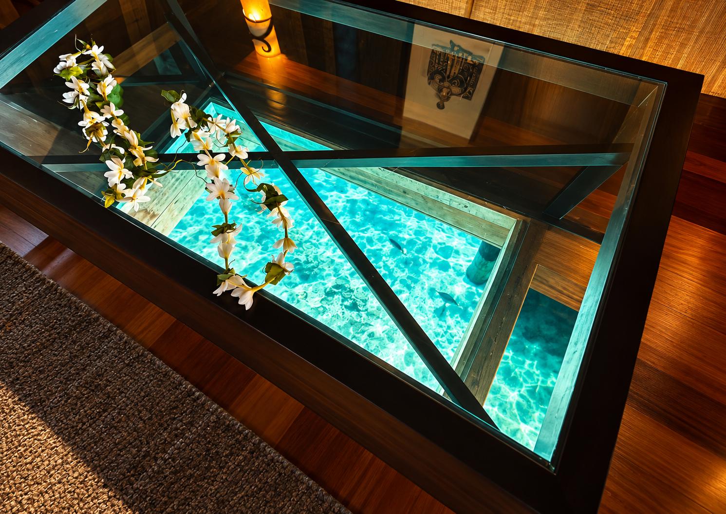 Glass-floor coffee table lit over the lagoon at night