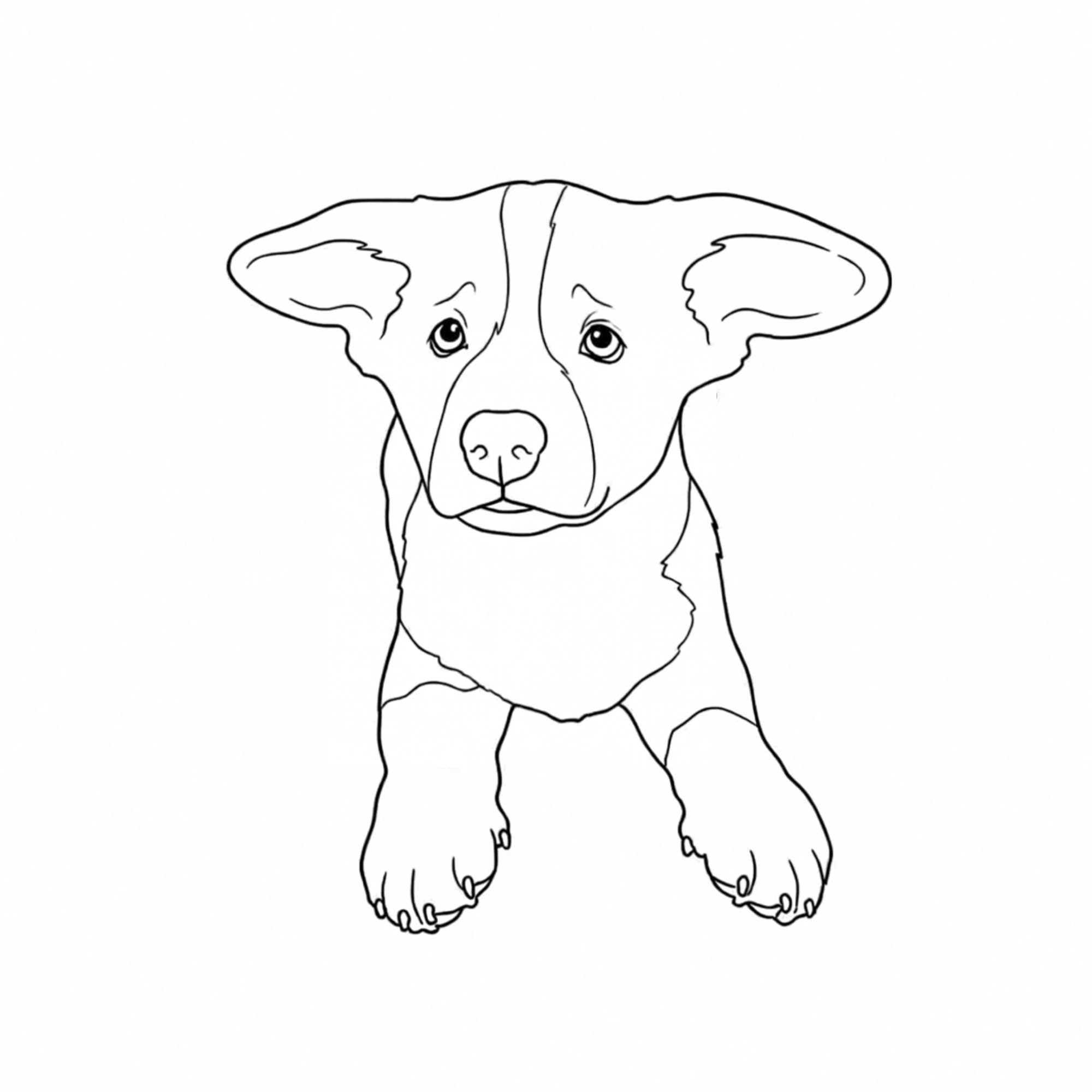 Black and white line drawing of a dog with floppy ears and a sad expression, front view.