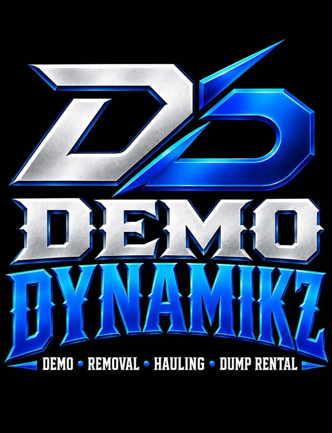 Logo for D2 Demo Dynamo with blue and silver 3D text, advertising demo, removal, hauling, dump rental services.