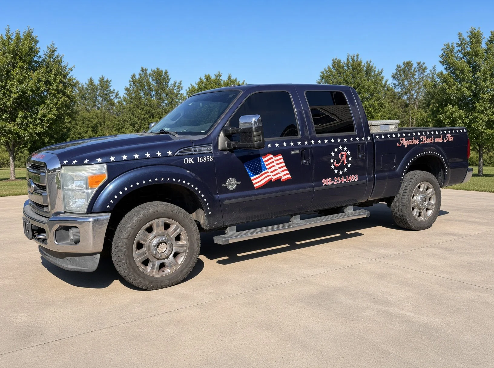 Apache Heat & Air service truck with phone 918-254-1493 serving Tulsa