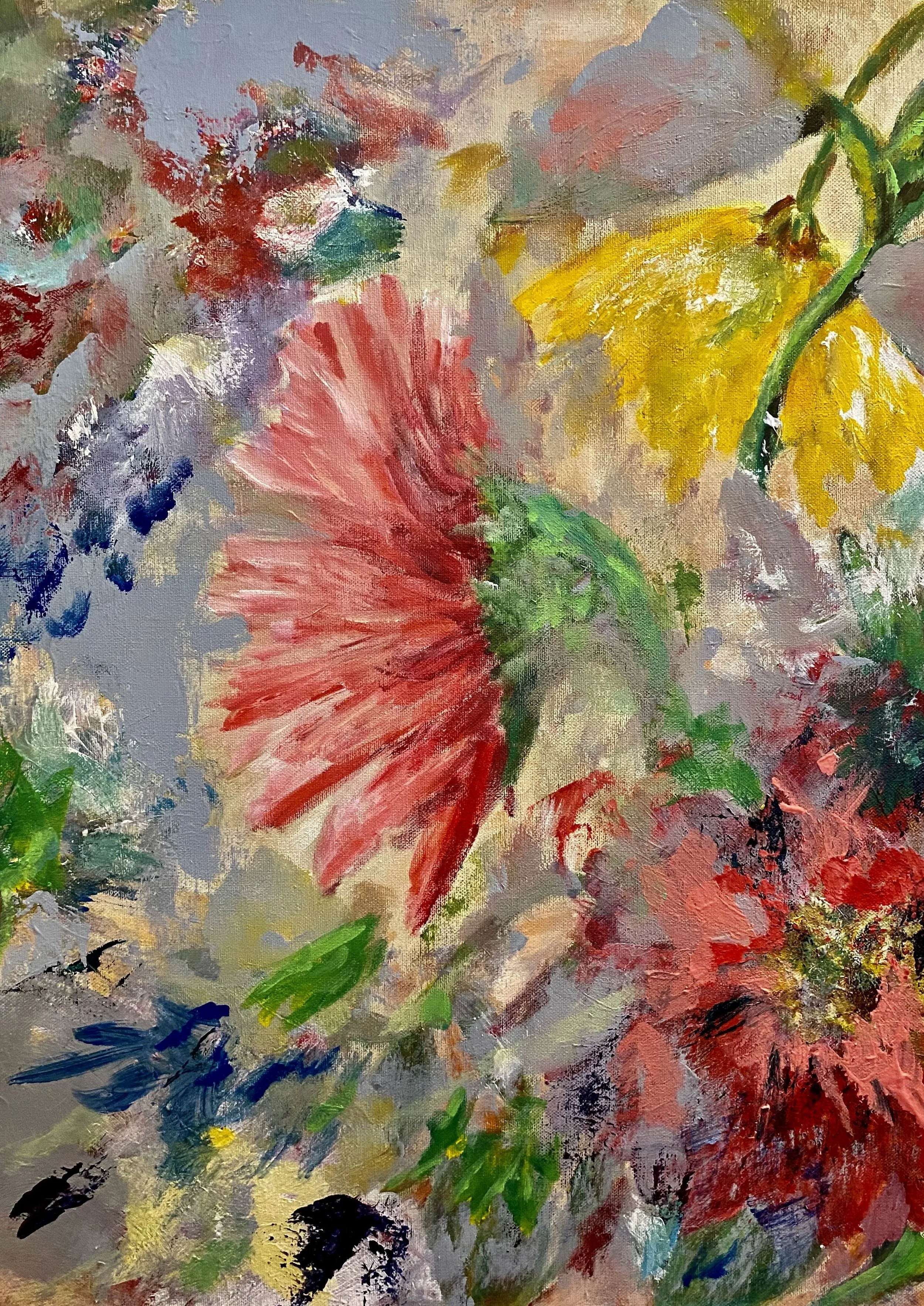 Abstract floral painting with vibrant colors including pink, yellow, blue, green, gray, and red, with bold brushstrokes and layered textures.