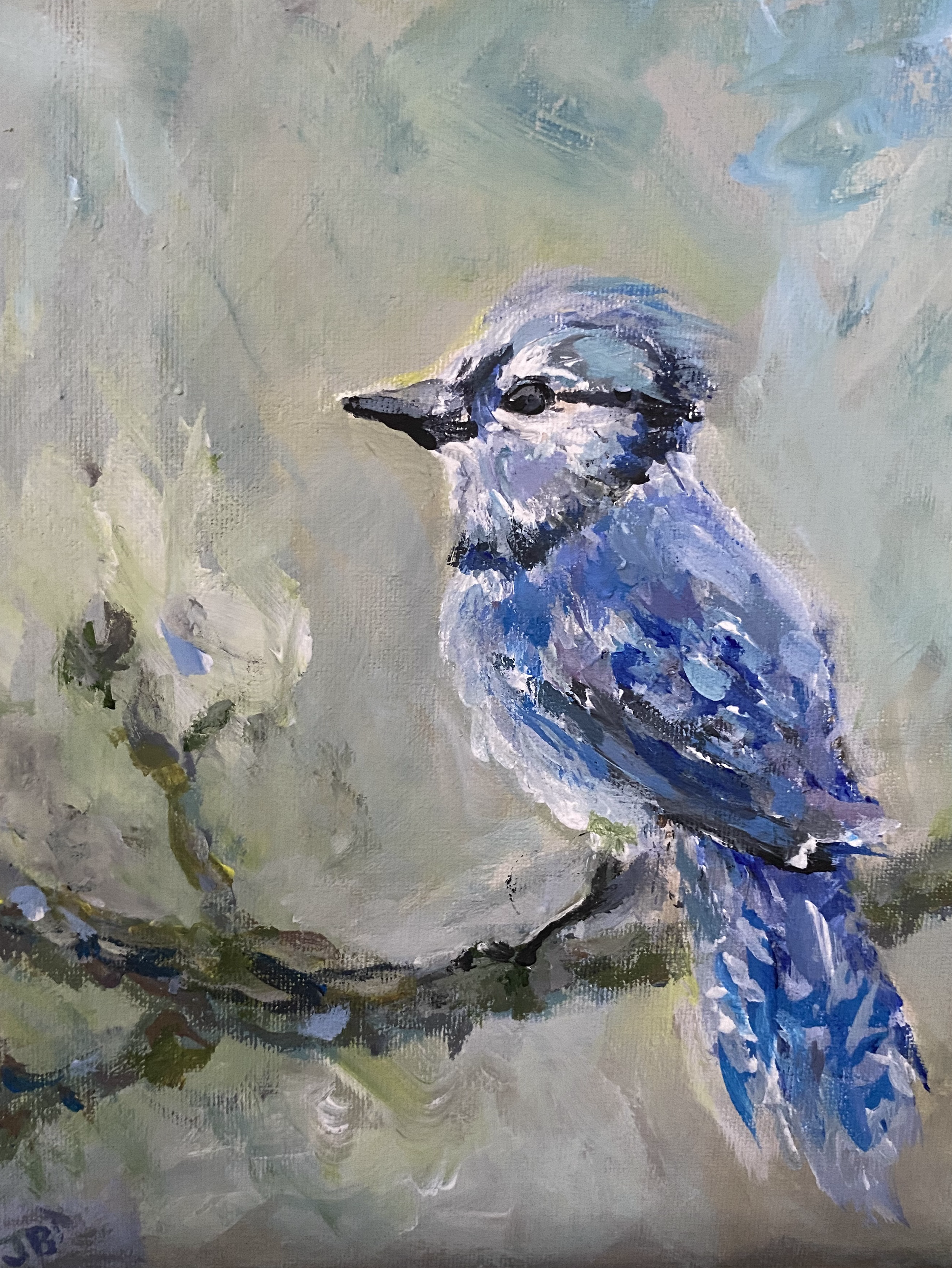 An impressionist-style painting of a bluejay bird with blue and white feathers, perched on a branch surrounded by green leaves and light blue sky in the background.