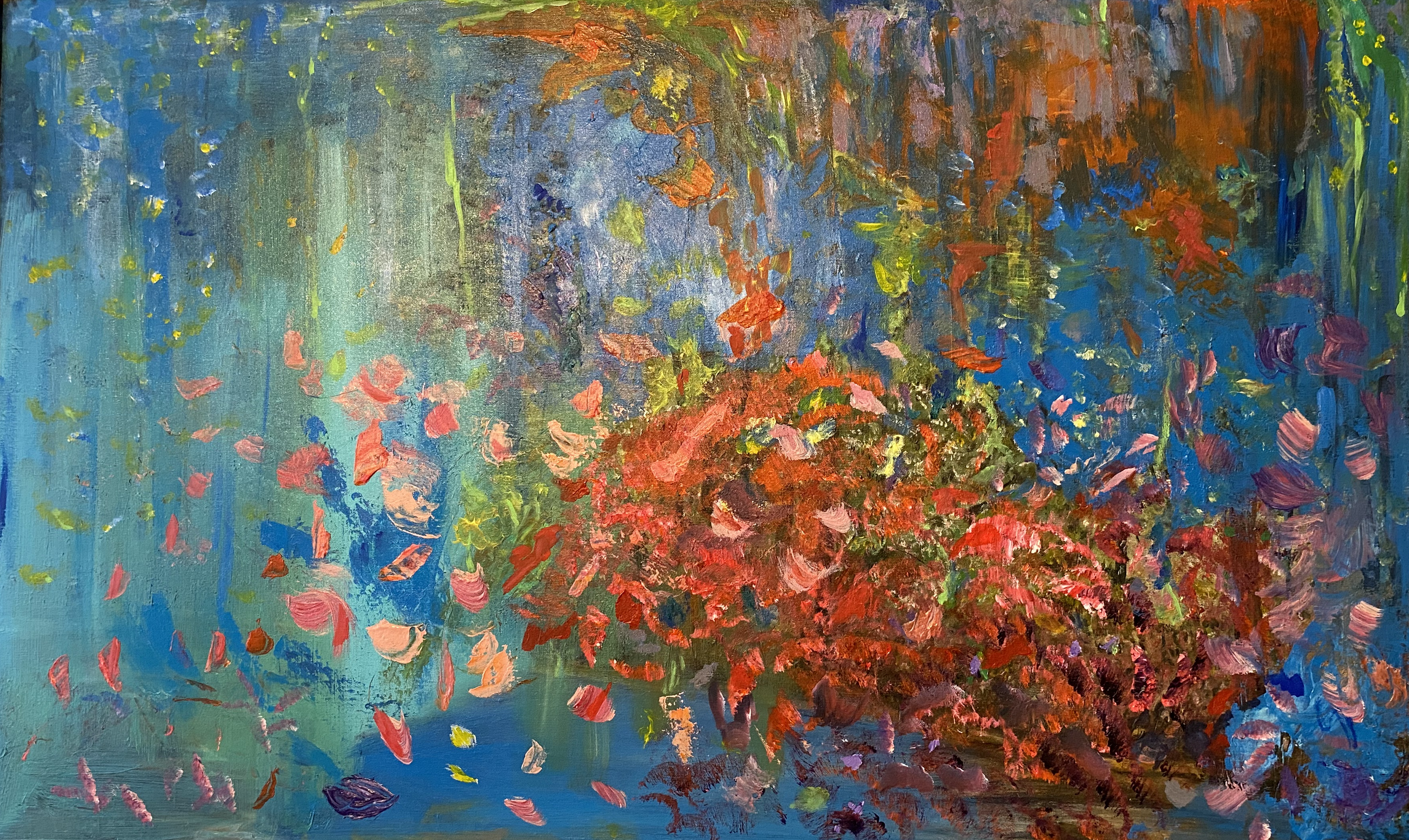 Abstract painting with splashes of pink, red, purple, yellow, green, blue, and orange on a multicolored background.