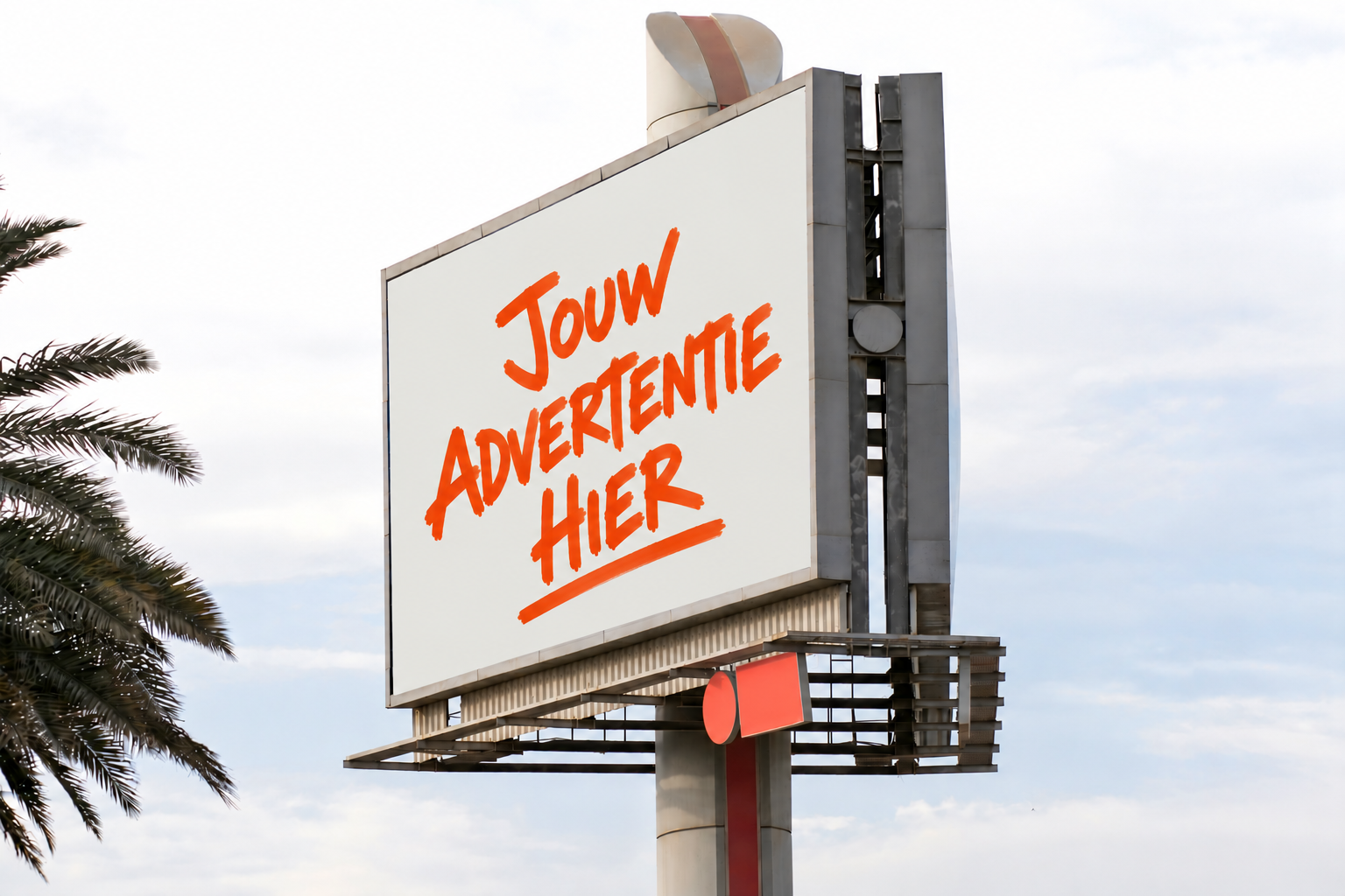 A billboard with orange handwritten-style text in French that says 'Jouw Advertisement Hier' against a cloudy sky, with part of a palm tree visible on the left.