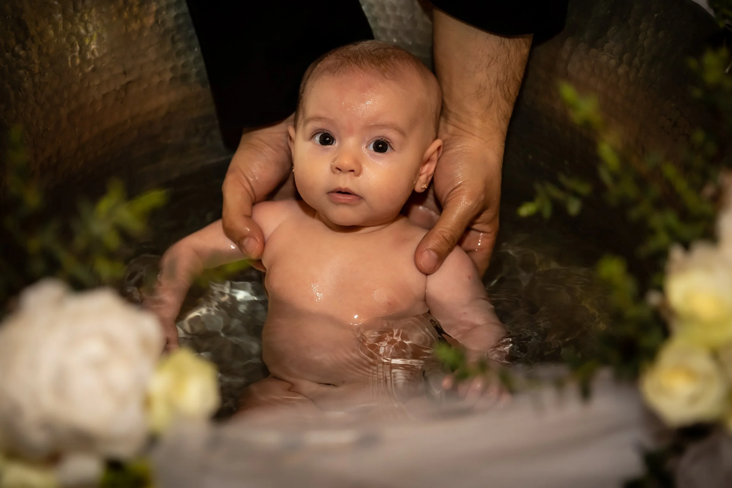 A baby with wet skin and big eyes being bathed, with hands supporting the baby from below, surrounded by greenery and flowers.