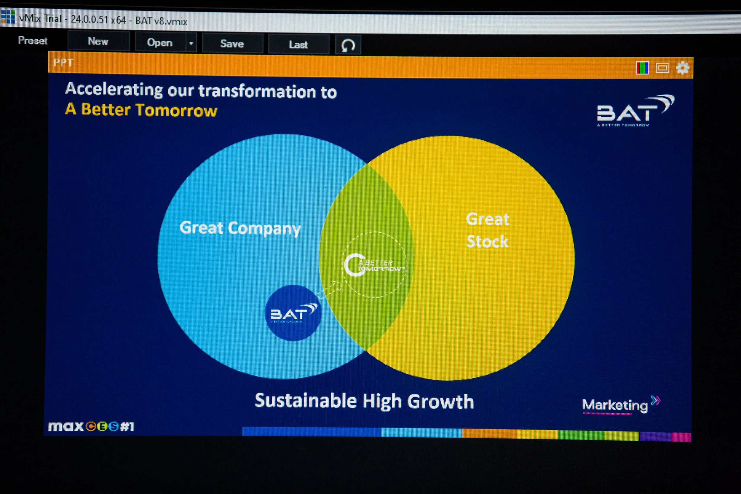 A presentation slide showing a Venn diagram with overlapping circles labeled 'Great Company' and 'Great Stock,' with a central area labeled 'A Better Tomorrow.' The slide has the title 'Accelerating our transformation to A Better Tomorrow' and mentio
