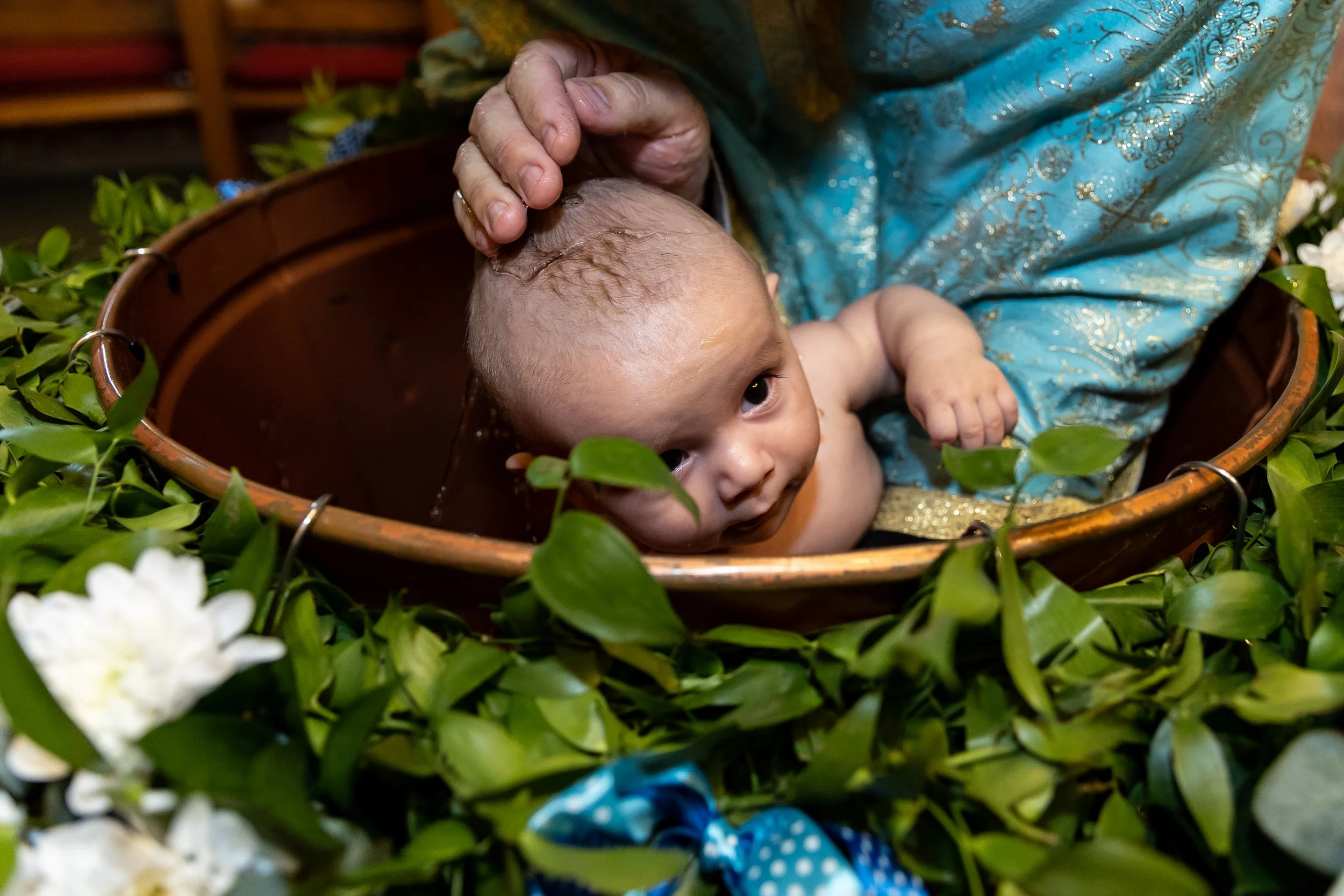 A priest performing a baptism with a baby in a wooden basin, surrounded by green foliage and white flowers.