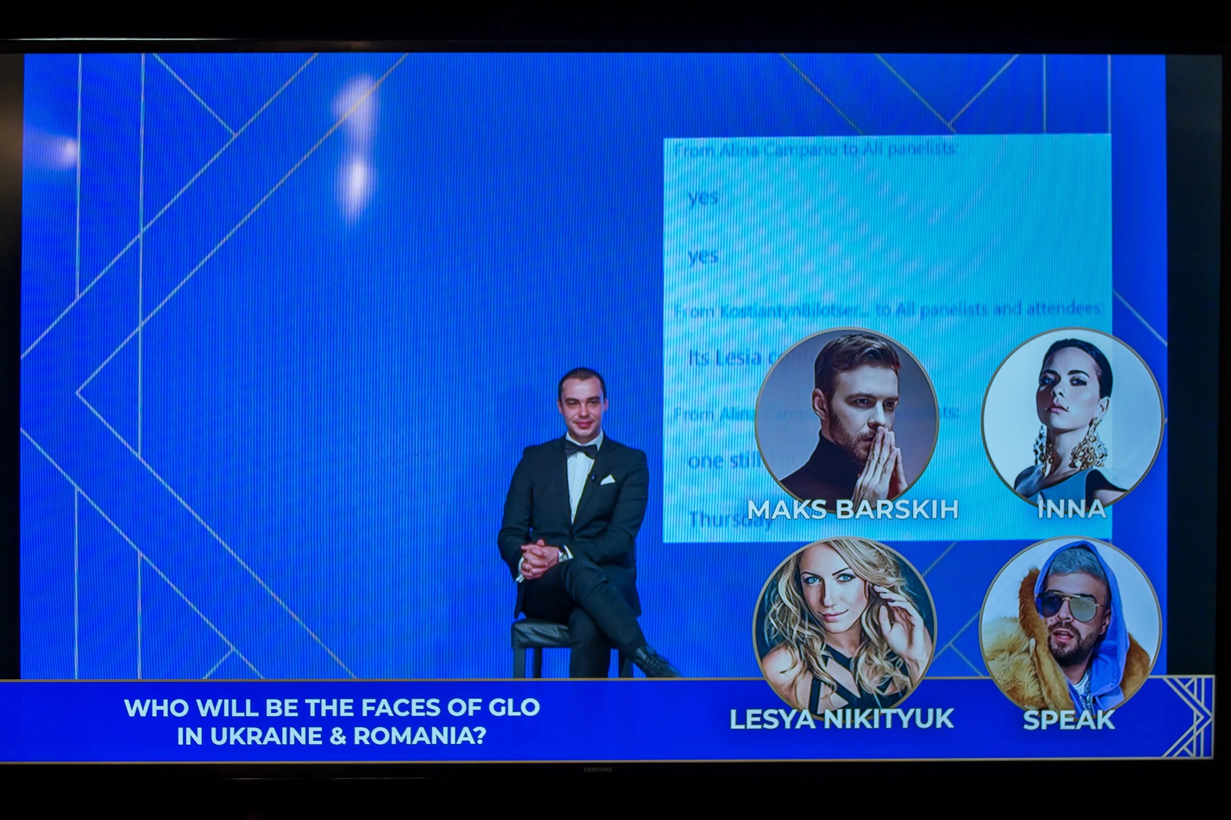 A group of people participating in a panel discussion or presentation on a blue background with geometric patterns. There are photos of four individuals with their names: Maks Barskih, Inna, Lesya Nikityuk, and Speak. A caption at the bottom reads, "