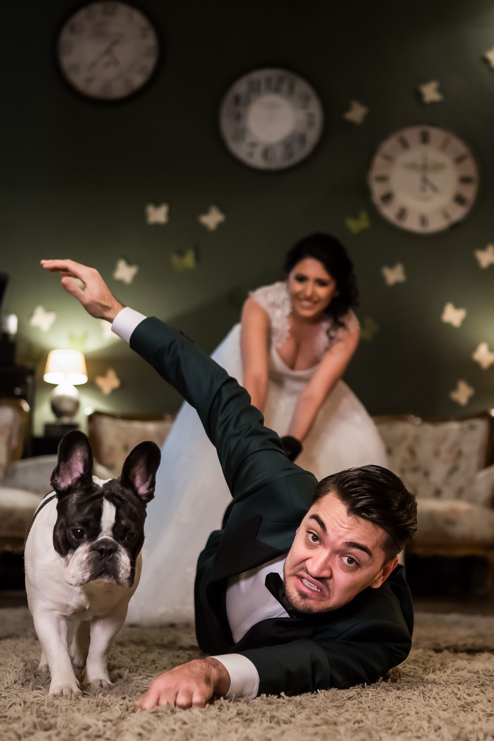 A man dressed in a tuxedo and a woman in a wedding dress are playing with a Boston Bulldog puppy in a living room decorated with clocks and star-shaped ornaments on the wall.